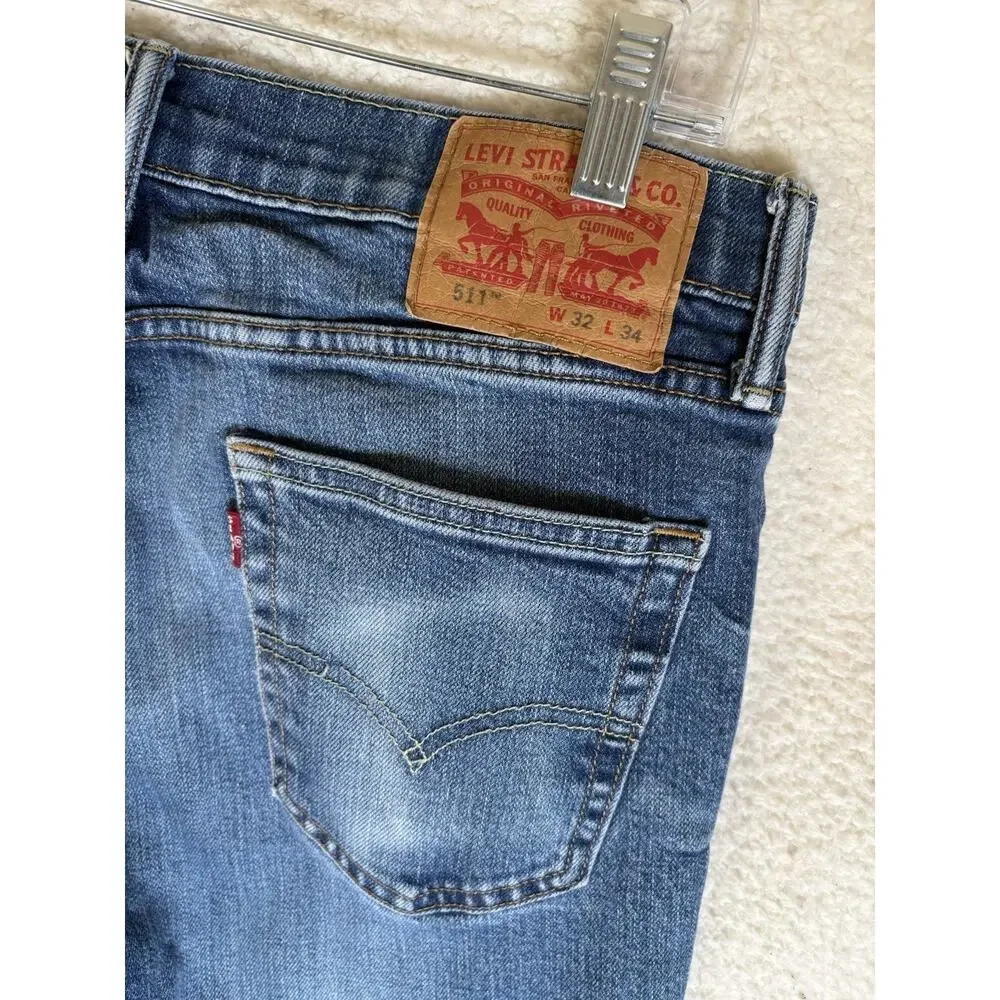 Levis 511 Jeans Mens 32x34 Slim Fit Medium Wash Blue Denim Stretch Moto